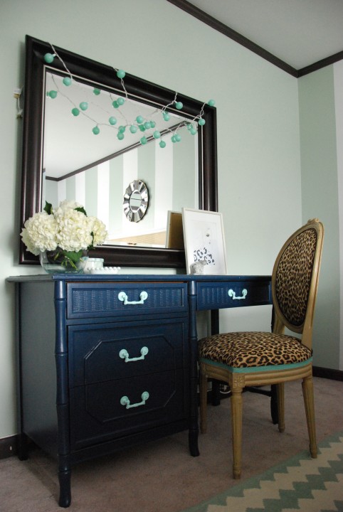 mint and navy desk area