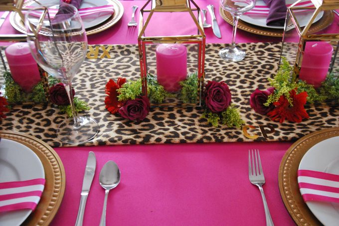 pink, plum and leopard tablescape