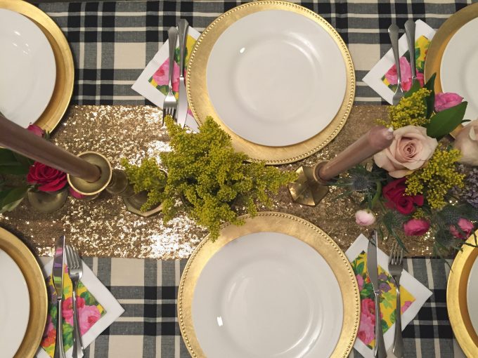 plaid and gold sequin party decor