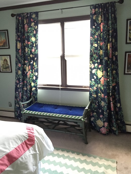 mint, navy, coral chintz curtains