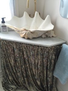 skirted sink with sequin fabric
