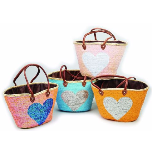 sequin straw basket with heart