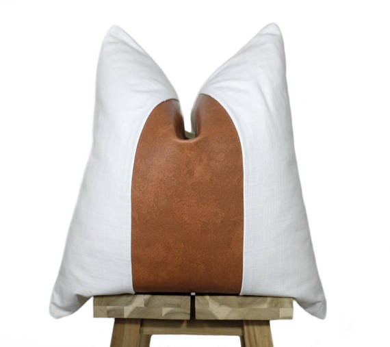 faux leather and linen panel pillow