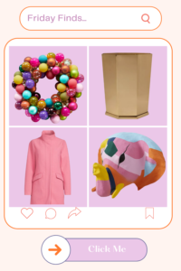 FRIDAY-FINDS-FEATURING-BAUIBLE-WREATH, BRASS-TRASHCAN-PINK-COAT-AND-PAPER-MACHE-ELEPHANT-BUST