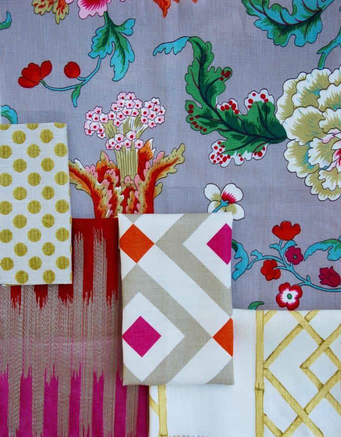 floral, pink, citron and taupe fabric