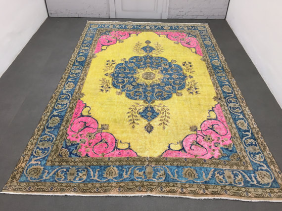 pink,blue,yellow vintage rug