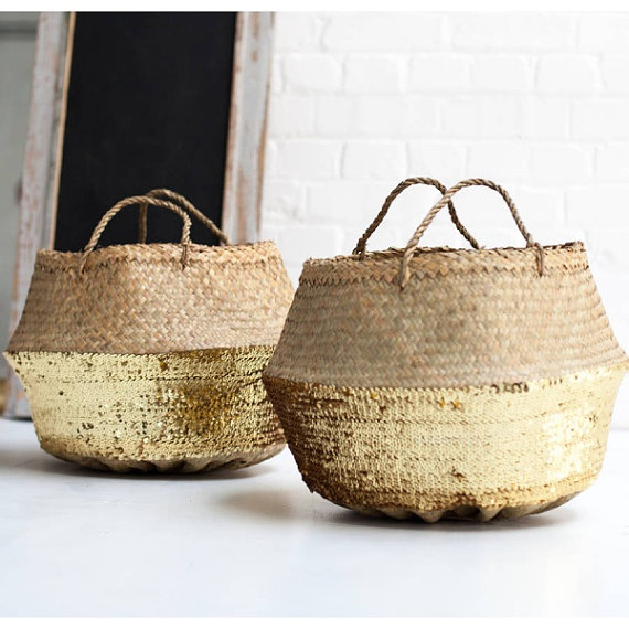 gold sequin straw basket