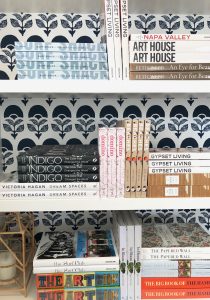 wallpapered bookcases